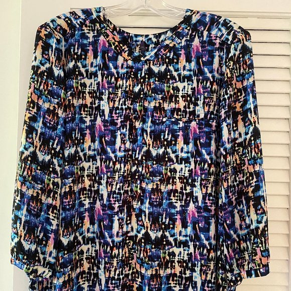 NYDJ Pintuck Blouse Women's Petite XL Blue Split Neck Pullover PXL - Picture 1 of 10